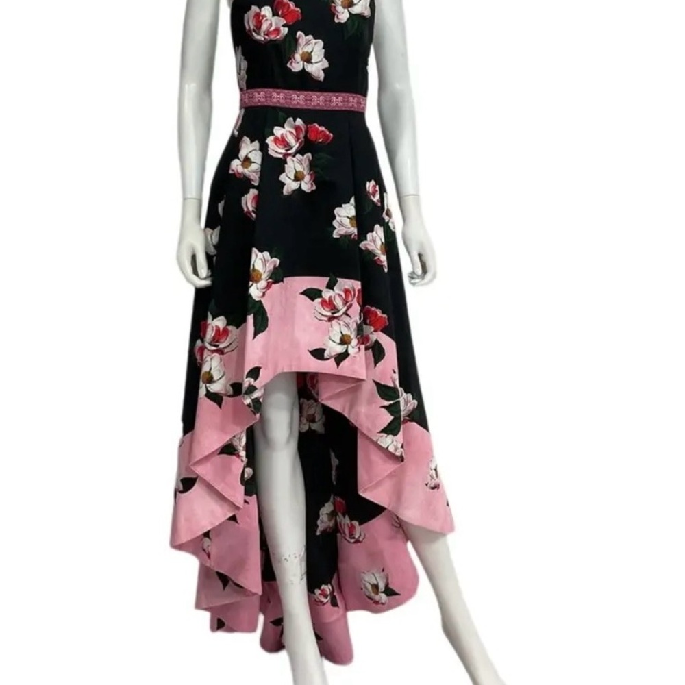 Alice + Olivia Black and Pink Floral High-Low Dress
